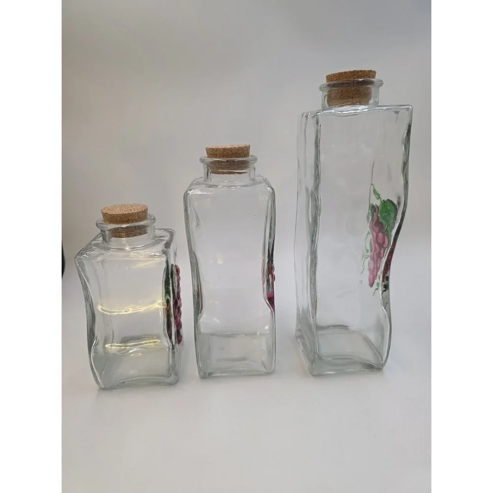 VTG Set 3 Clear‎ Glass Grape Painted Canisters Cork Lids Kitchen Farmhouse Decor